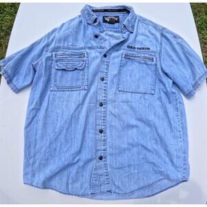 Harley Davidson Eagle Embroidered Denim Button-Up Shirt Men’s Large